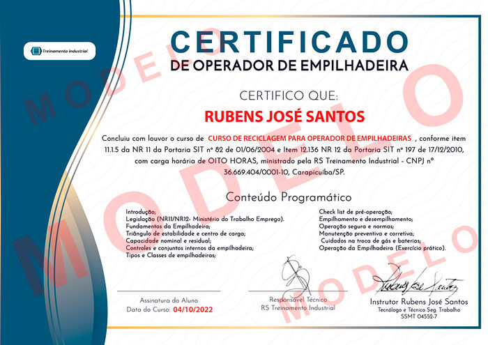 Certificado do Curso Reciclagem para Operadores de empilhadeiras
